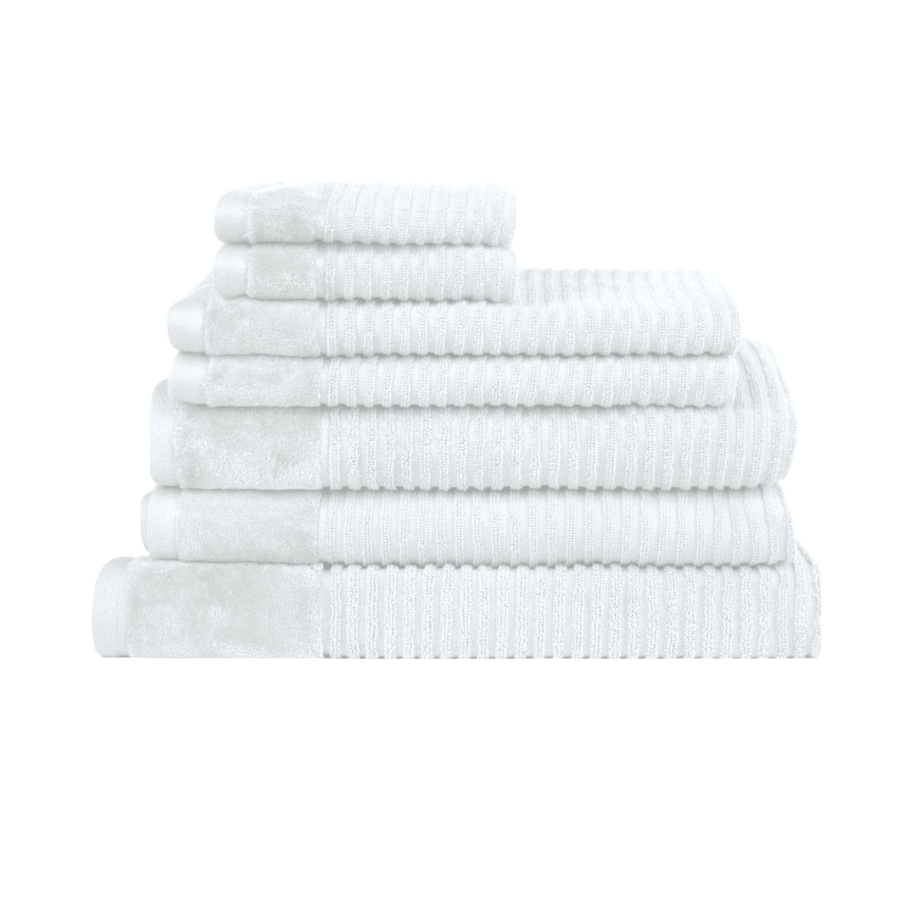 Royal Excellency 7 Piece Cotton Bath Towel Set - White stacked towels with textured stripes on white background