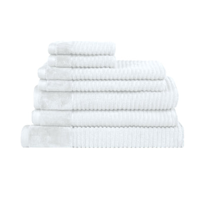 Royal Excellency 7 Piece Cotton Bath Towel Set - White stacked towels with textured stripes on white background