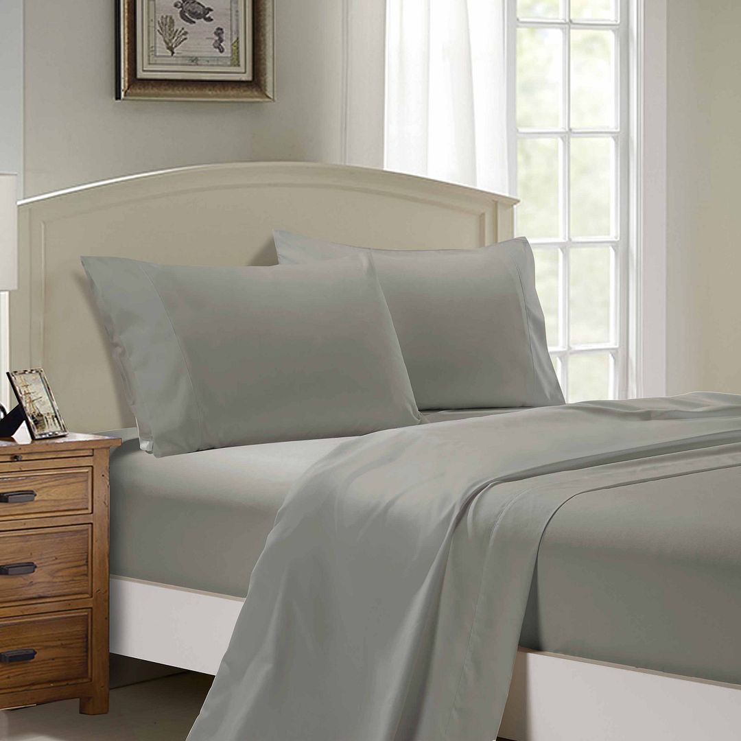 1000TC Ultra Soft Double Size Bed Grey Flat & Fitted Sheet Set on bed with pillows in bright bedroom setting