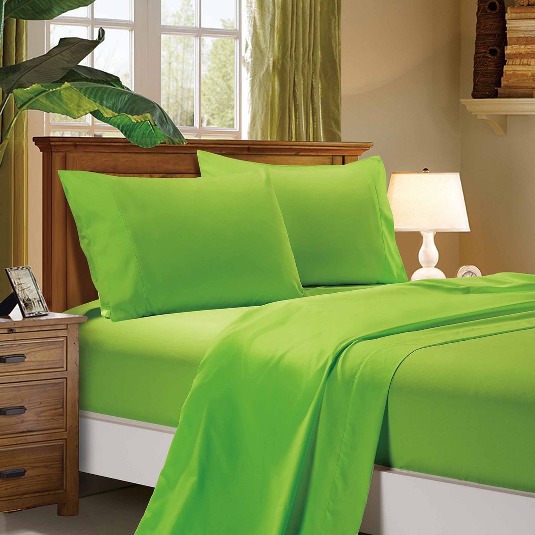 1000TC Ultra Soft Double Size Bed Green Flat & Fitted Sheet Set displayed on wooden bed with pillows in bedroom setting
