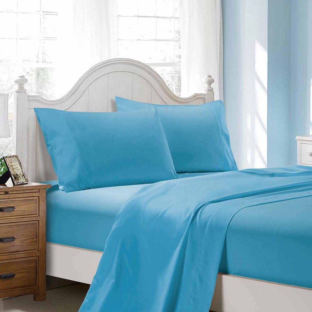 1000TC Ultra Soft Double Size Bed Light Blue Flat & Fitted Sheet Set displayed on white bed with wooden bedside table