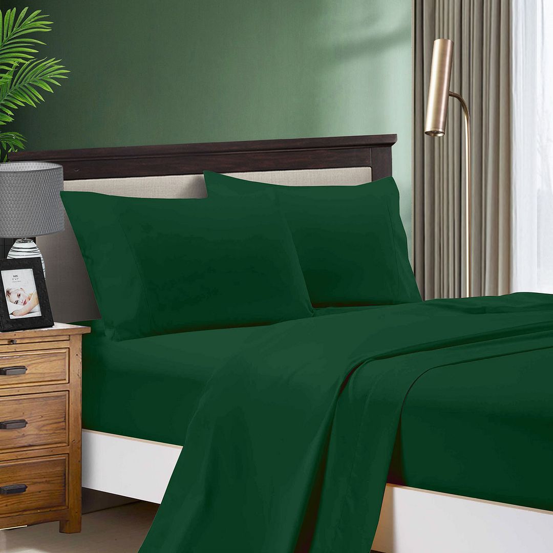 1000TC Ultra Soft Double Size Bed Dark Green Flat & Fitted Sheet Set on bed in modern bedroom setting