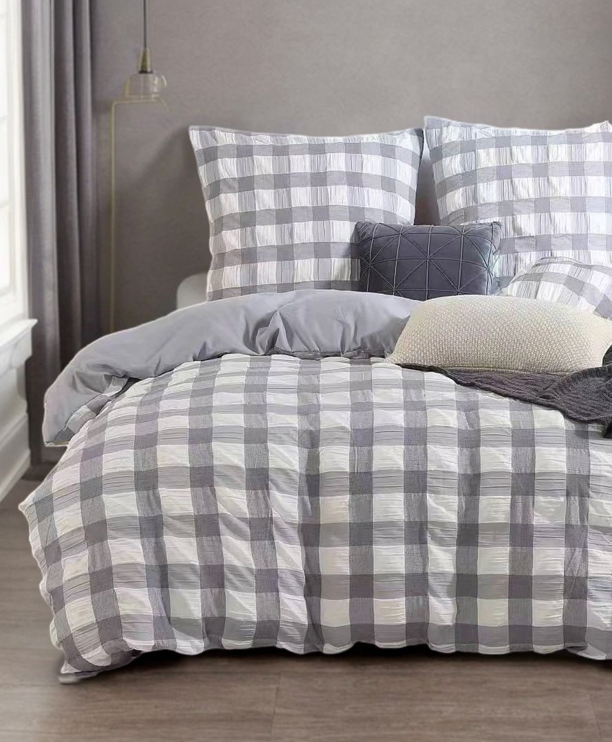 Rylee Grey Check Seersucker Quilt Cover Set - Super King Size on bed with coordinating pillows in modern bedroom setting