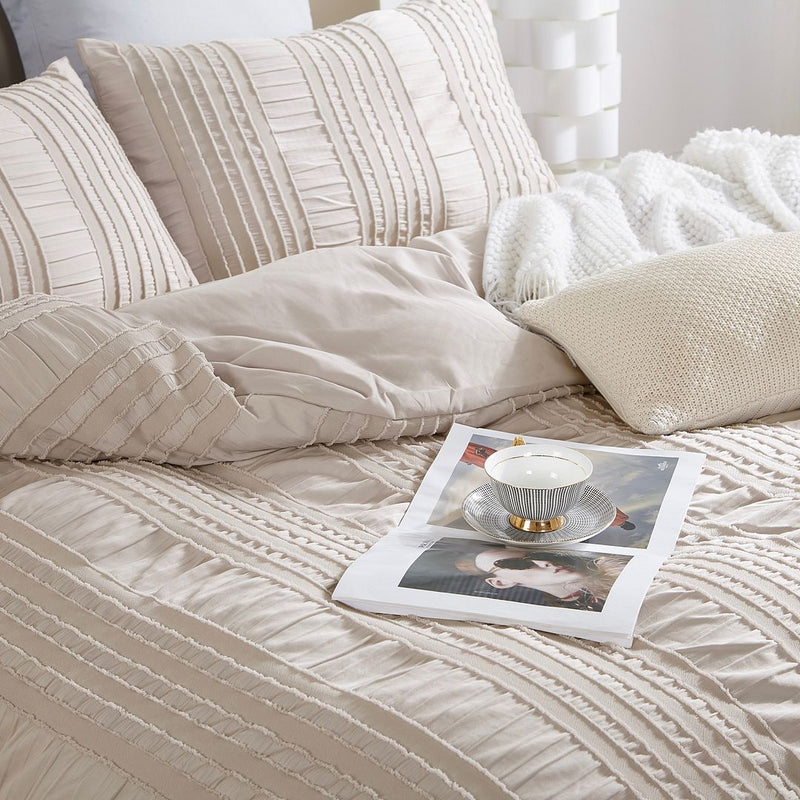 Tufted Boho Striped Embroidery Quilt/Doona/Duvet Cover Set - King Size in neutral tones styled on bed with pillows and throw blanket