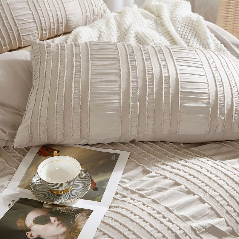 Tufted Boho Striped Embroidery Quilt/Doona/Duvet Cover Set - King Size with textured pillows on a styled bed with magazine and teacup