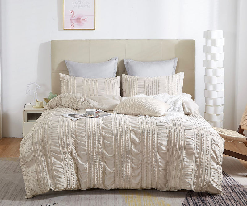 Tufted Boho Striped Embroidery Quilt/Doona/Duvet Cover Set - Queen Size on beige bed in bright bedroom setting