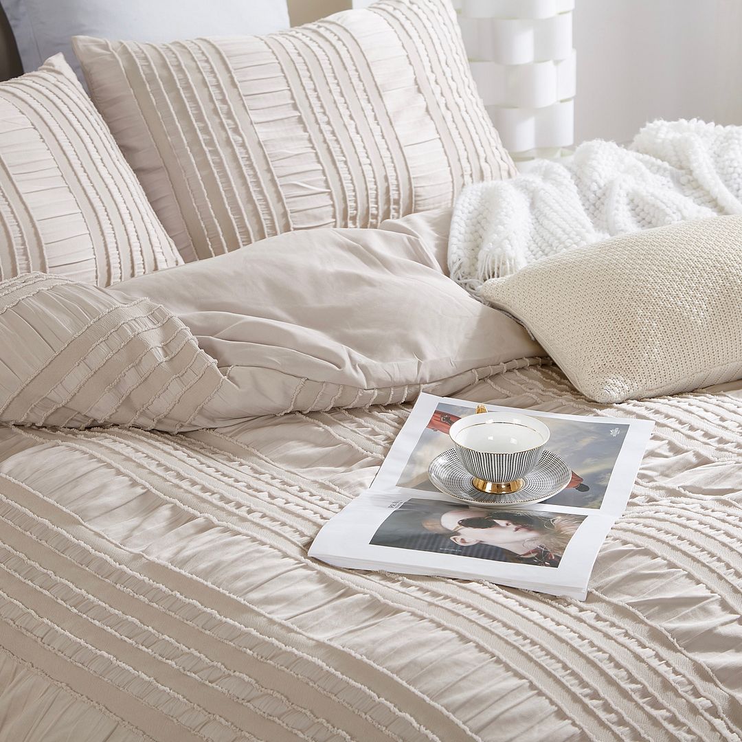 Tufted Boho Striped Embroidery Quilt/Doona/Duvet Cover Set - Queen Size on a bed with matching pillows and cozy throw blanket