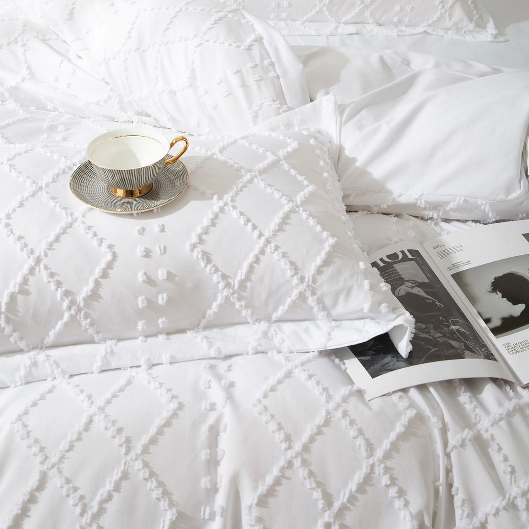 Tufted Boho Embroidery Quilt/Doona/Duvet Cover Set - White - Queen Size