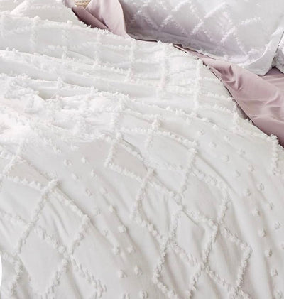 Tufted Boho Embroidery Quilt/Doona/Duvet Cover Set - White - Queen Size laid on bed with textured diamond pattern
