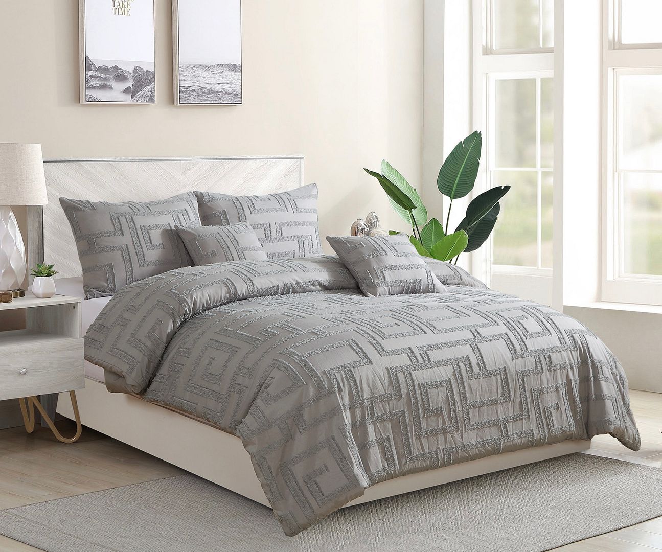Tufted Jacquard Quilt/Doona/Duvet Cover Set - Grey - Queen Size on a bed in bright bedroom with pillows and bedside table