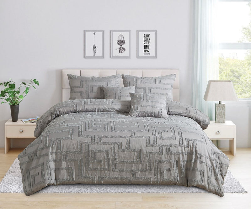 Tufted Jacquard Quilt/Doona/Duvet Cover Set - Grey - Super King Size on bed with matching pillows in modern bedroom setting