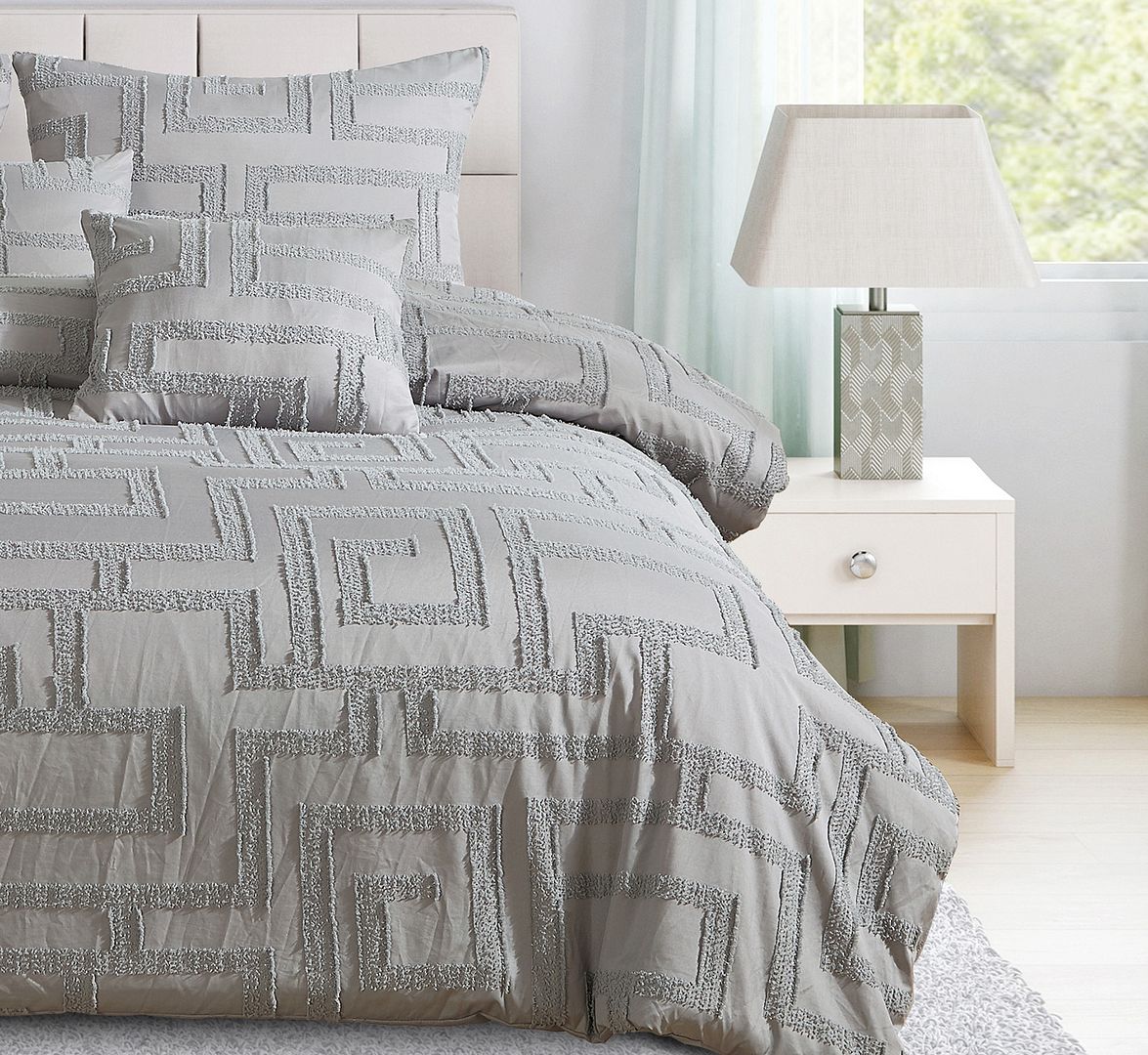 Tufted Jacquard Quilt/Doona/Duvet Cover Set - Grey - Super King Size displayed on bed with decorative pillows and bedside table lamp