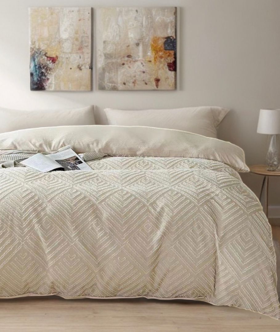 Tufted Textured Jacquard Quilt Cover Set- Beige - Queen Size on bed with neutral pillows and modern bedroom decor