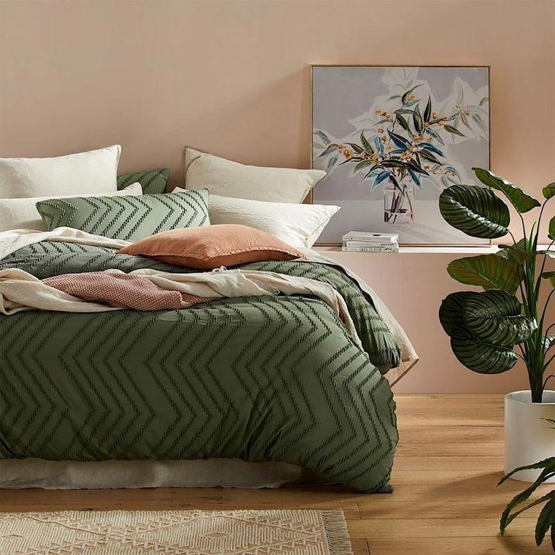 Tufted Boho Wave Jacquard Quilt Cover Set- Dark Green - Queen Size on bed with pillows, plant, artwork, and light wood flooring