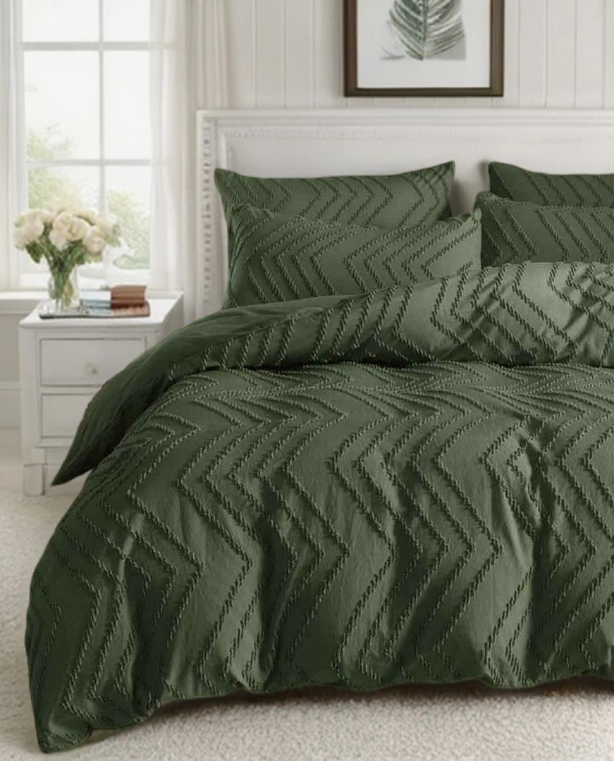 Tufted Boho Wave Jacquard Quilt Cover Set- Dark Green - Queen Size on white bed with pillows in bright bedroom setting