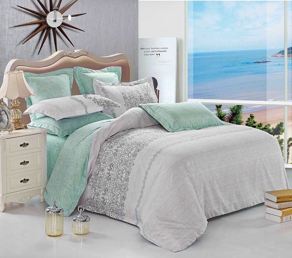 Wales Double Size Duvet Doona Quilt Cover Set in soft gray and mint with decorative pillows on vintage bed frame