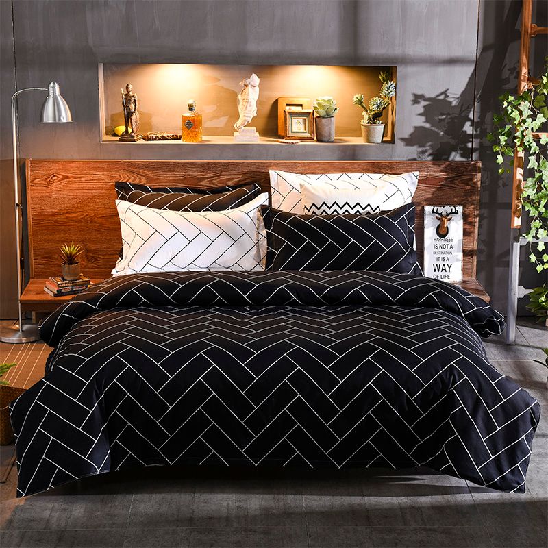 Black&White Queen Size Duvet Doona Quilt Cover Set with geometric pattern on bed in stylish bedroom setting