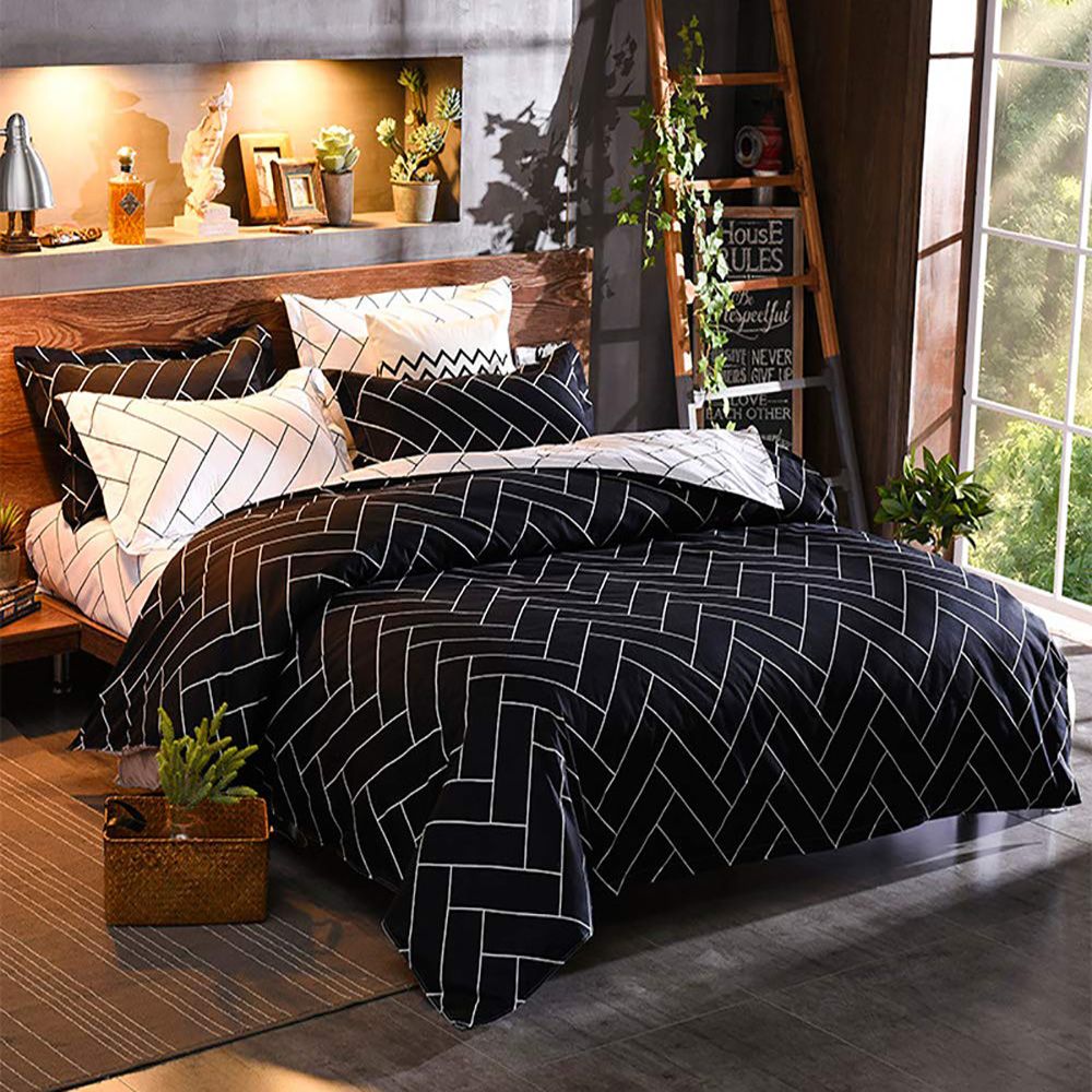 Black&White Queen Size Duvet Doona Quilt Cover Set with geometric pattern on bed in modern bedroom setting