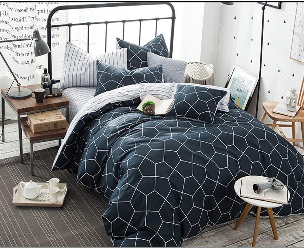 Chelsea Queen Size Duvet Doona Quilt Cover Set in dark geometric pattern on bed with pillows in bedroom setting