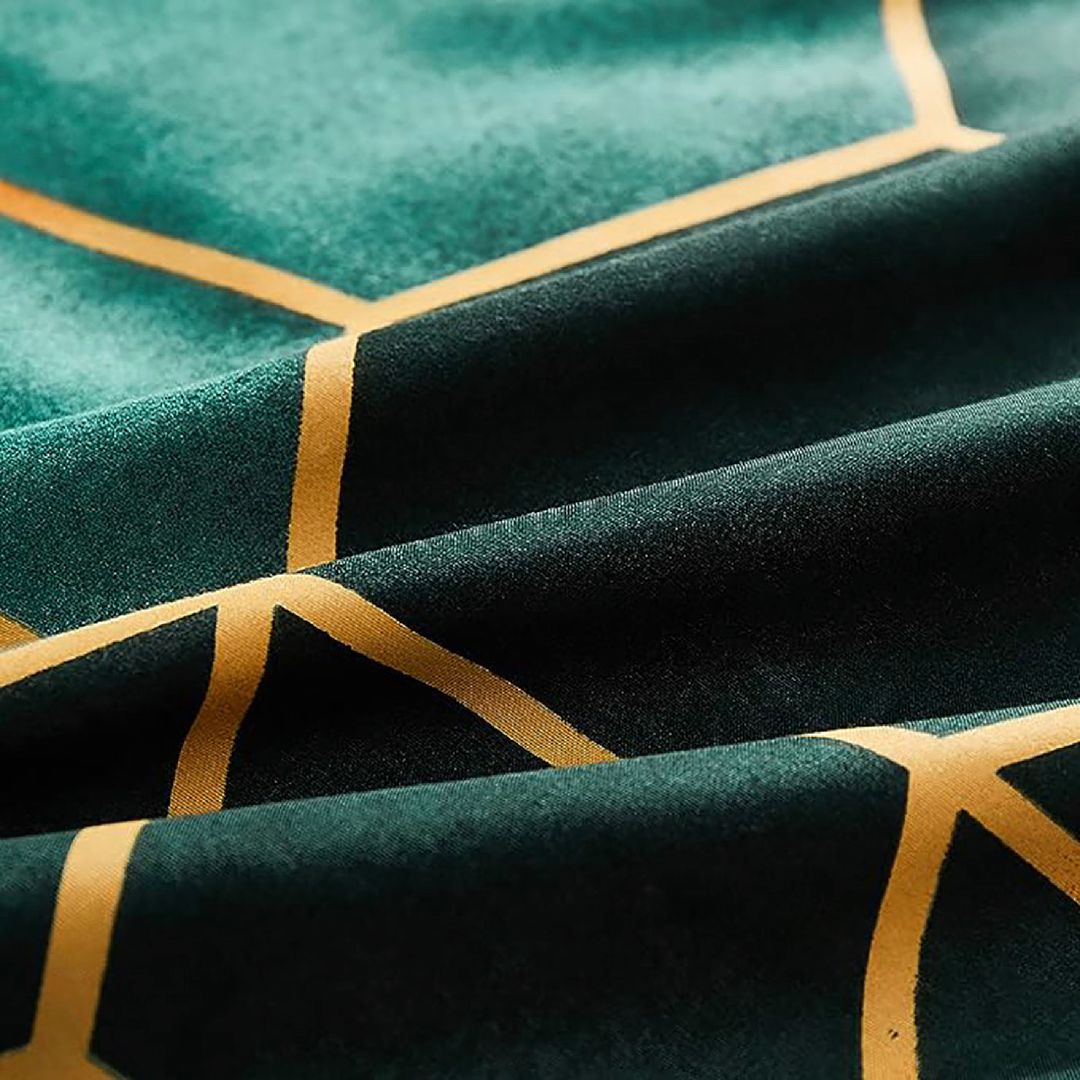 Close-up of soft green fabric with gold geometric lines from the Giverny Quilt Cover Set - Queen Size by Bedzy