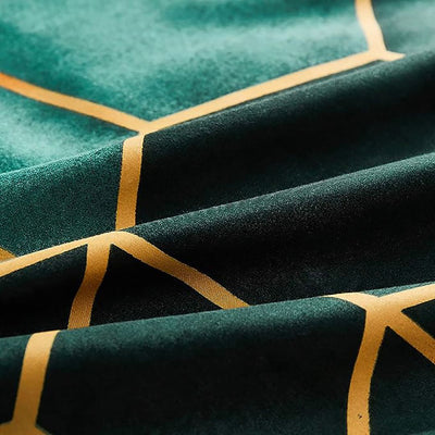 Close-up of soft green fabric with gold geometric lines from the Giverny Quilt Cover Set - Queen Size by Bedzy