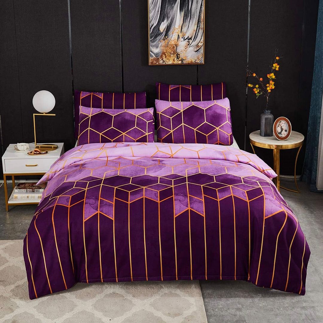Erena Purple Quilt/Doona/Duvet Cover Set - Queen Size with geometric pattern on bed in stylish bedroom setting