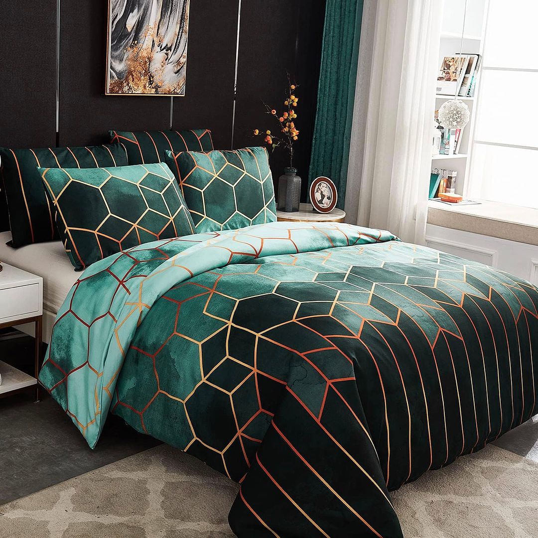 Giverny Quilt Cover Set - Super King Size with geometric pattern in green tones on a styled bed in modern bedroom setting