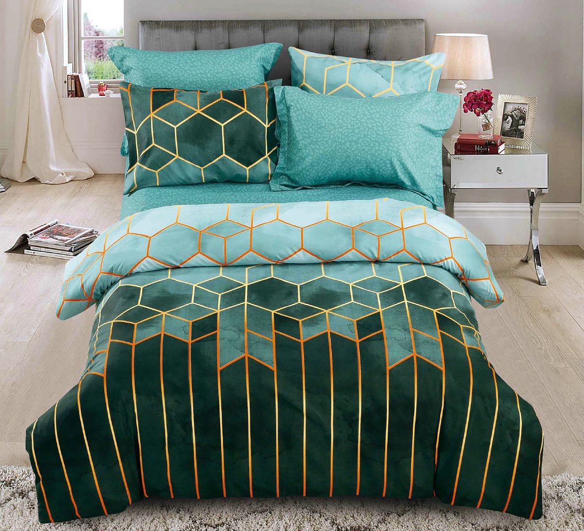Giverny Quilt Cover Set - Super King Size with green and turquoise geometric pattern on bed in modern bedroom setting