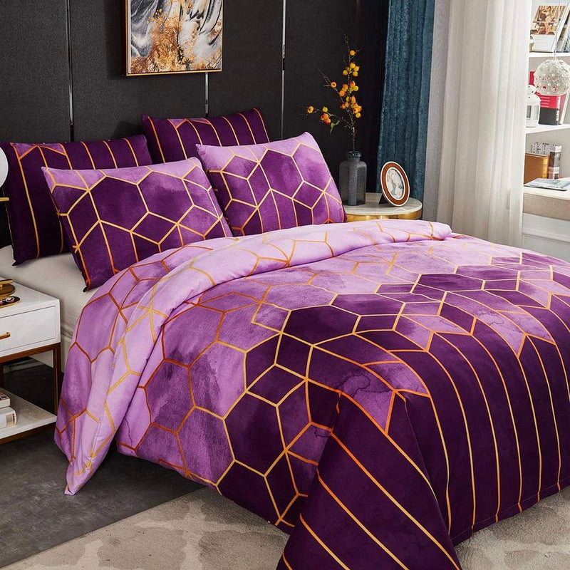 Erena Purple Quilt/Doona/Duvet Cover Set - Super King Size with geometric pattern in purple and gold on a styled bedroom bed by Bedzy