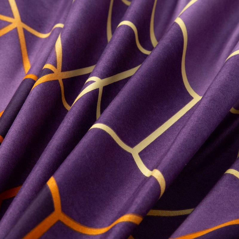 Close-up of smooth fabric in purple with gold geometric pattern for Erena Purple Quilt/Doona/Duvet Cover Set - Super King Size