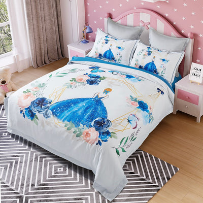 Princess Kids Quilt Cover Set - Double Size with princess and floral pattern, displayed on pink bedroom furniture with bedside tables.