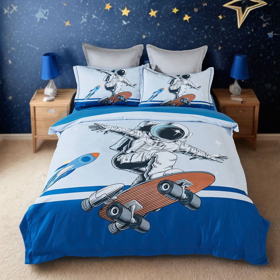 Astronaut Kids Quilt Cover Set - Double Size featuring astronaut on skateboard with rocket, stars, and planets for kids bedroom.