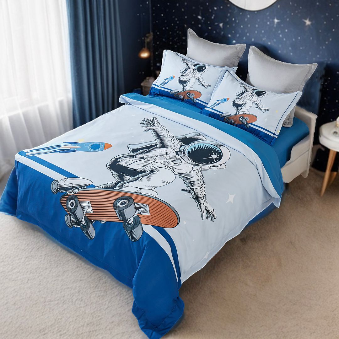 Astronaut Kids Quilt Cover Set - Double Size with astronaut skateboard design and rocket, styled in a child’s bedroom with star wallpaper
