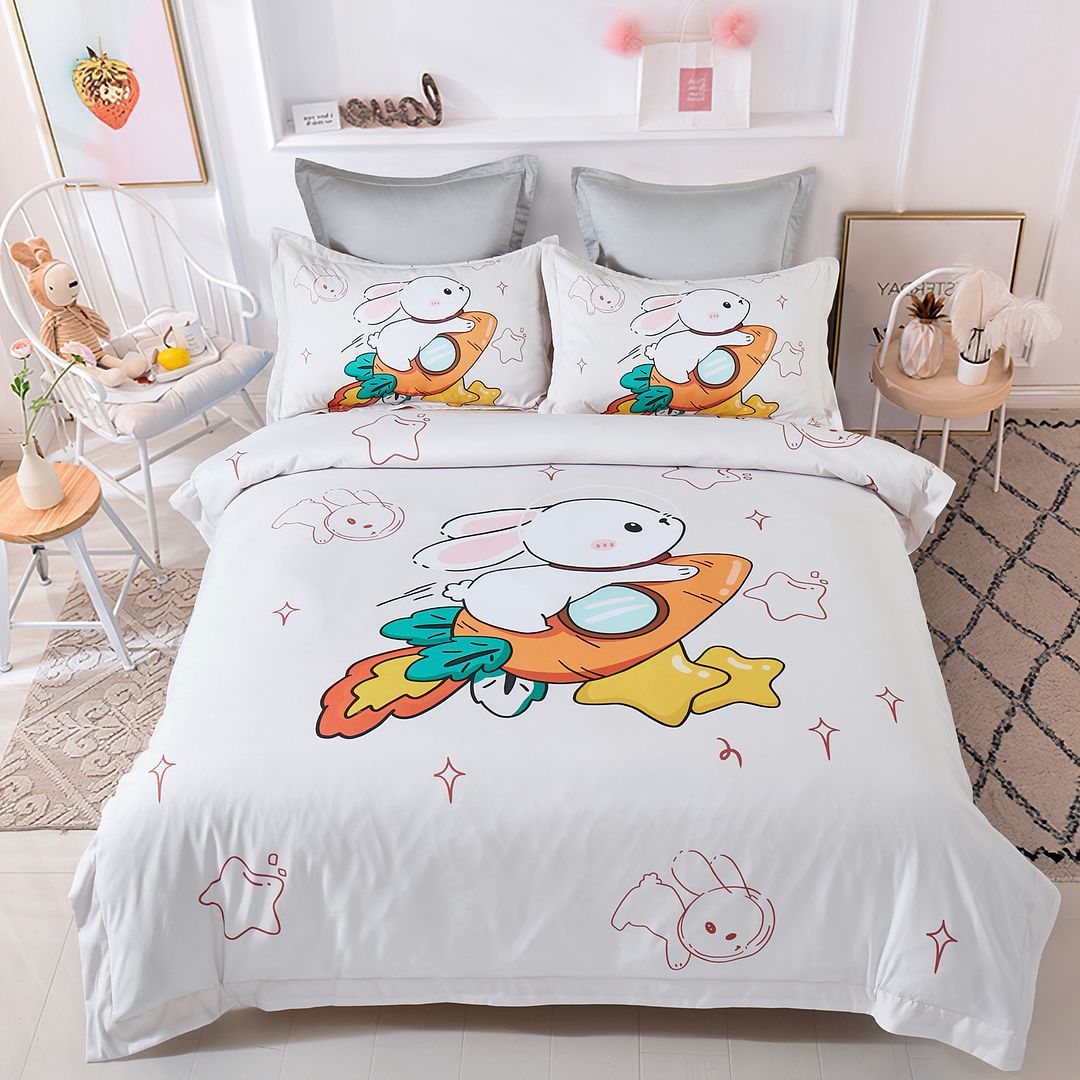 Rabbit Kids Quilt Cover Set - Double Size with playful bunny and rocket design on white bedding in a bright bedroom setting