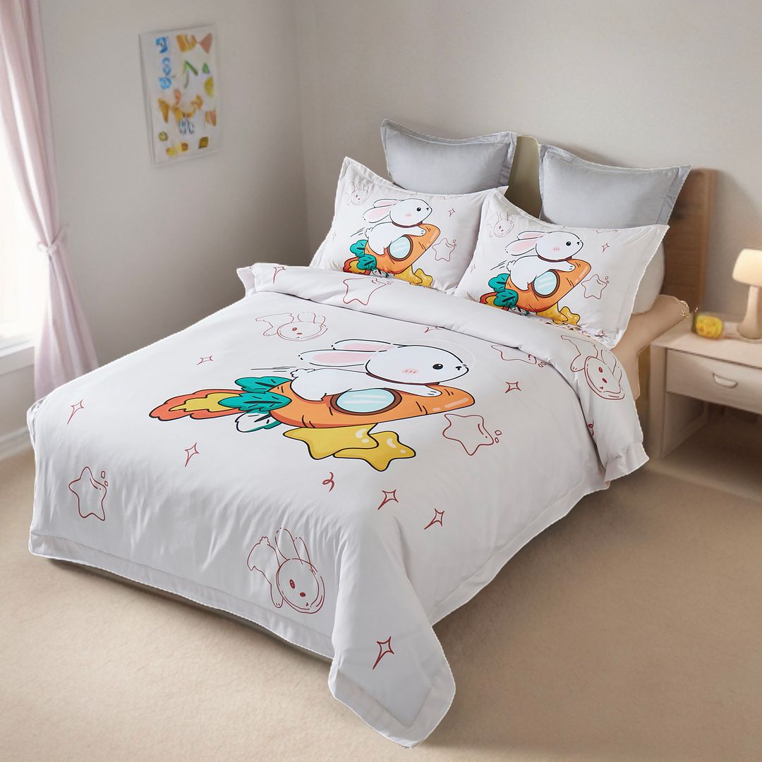 Rabbit Kids Quilt Cover Set - Double Size featuring playful bunny and carrot rocket design on a light background in a child's bedroom setting