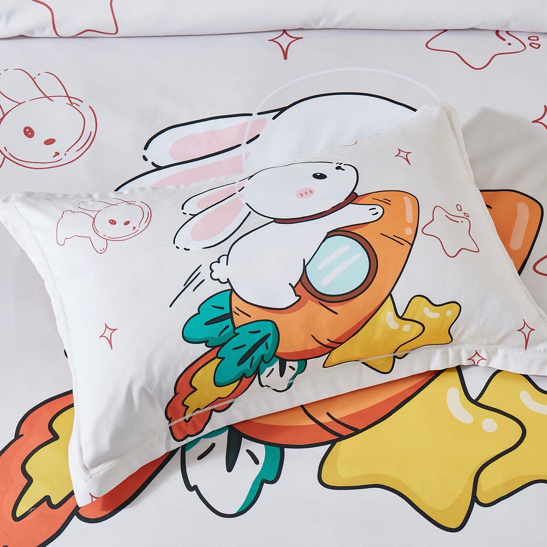 Rabbit Kids Quilt Cover Set - Double Size with playful bunny and rocket print pillow on matching white bedding set