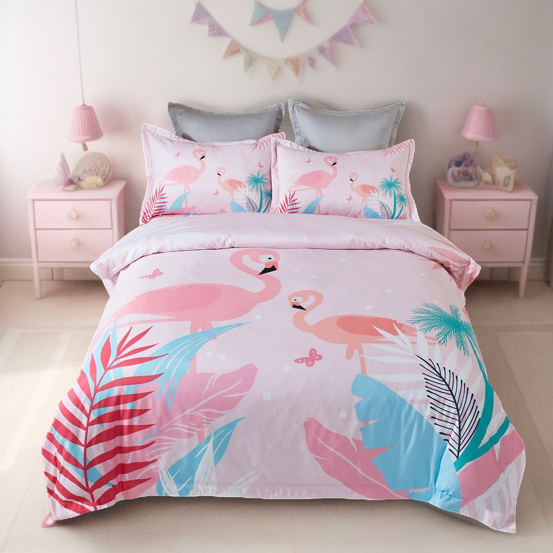 Flamingo Kids Quilt Cover Set - Double Size with pink tropical flamingo print on a double bed in a child's bedroom