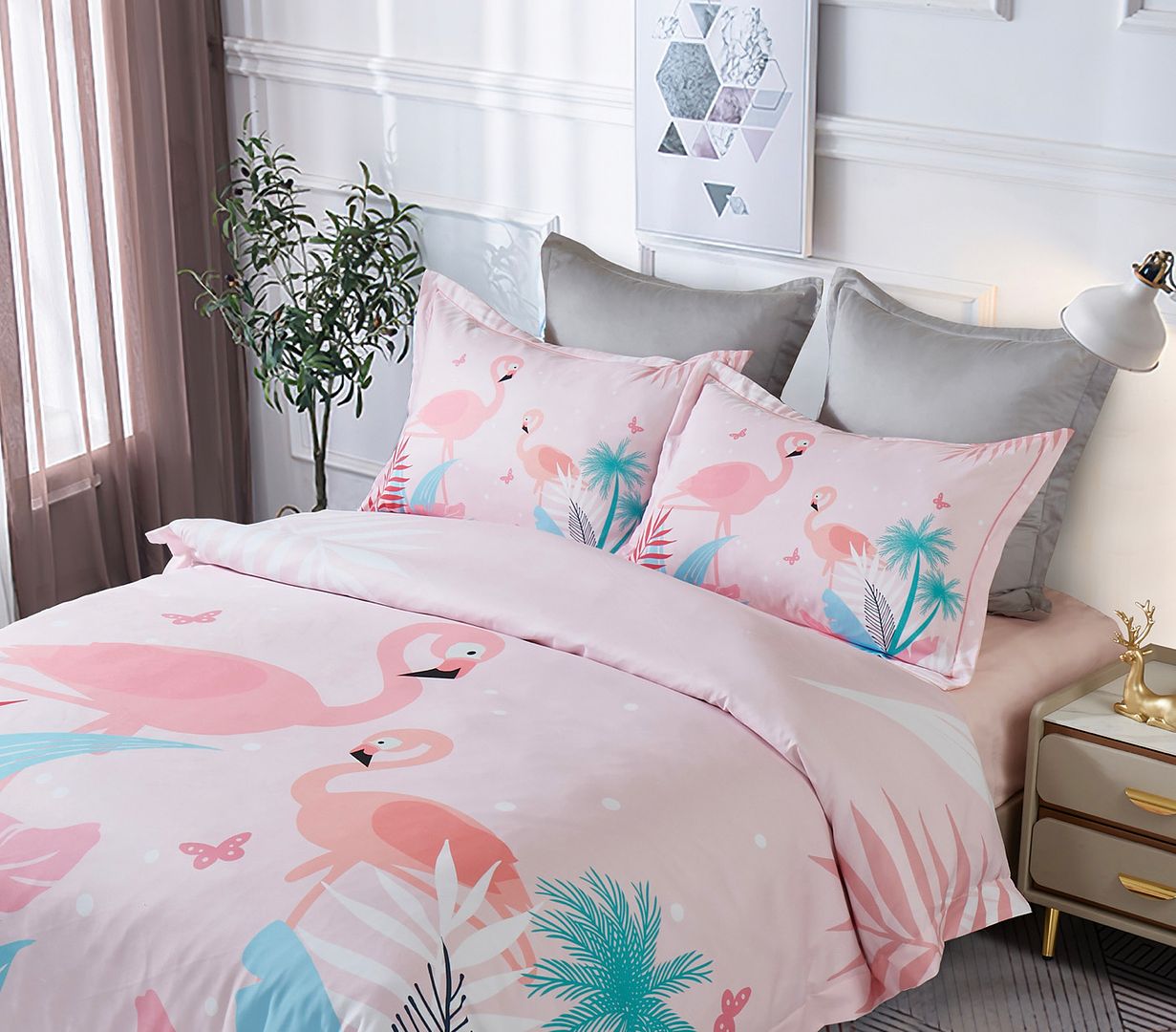 Flamingo Kids Quilt Cover Set - Double Size with pink flamingo print, tropical design, shown on a styled bed in a bedroom setting