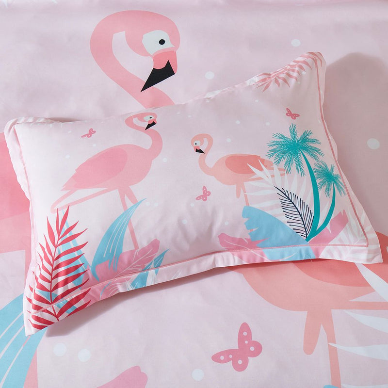 Flamingo Kids Quilt Cover Set - Double Size featuring pink flamingo print and tropical plants on pillow and bedding by Bedzy
