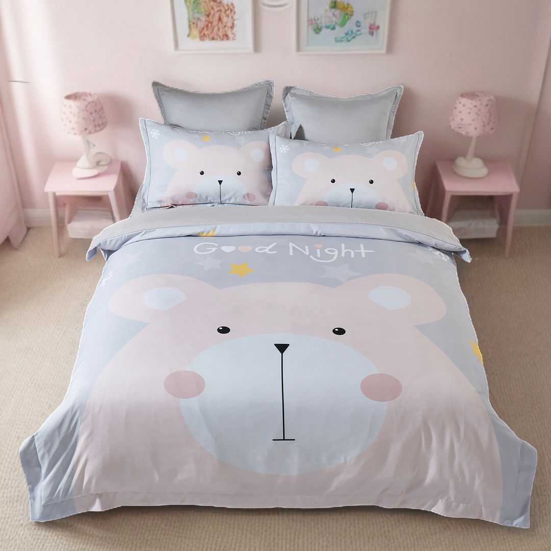 Bear Kids Quilt Cover Set - Double Size with cute bear print, pillowcases, and grey cushions in a child’s bedroom setting