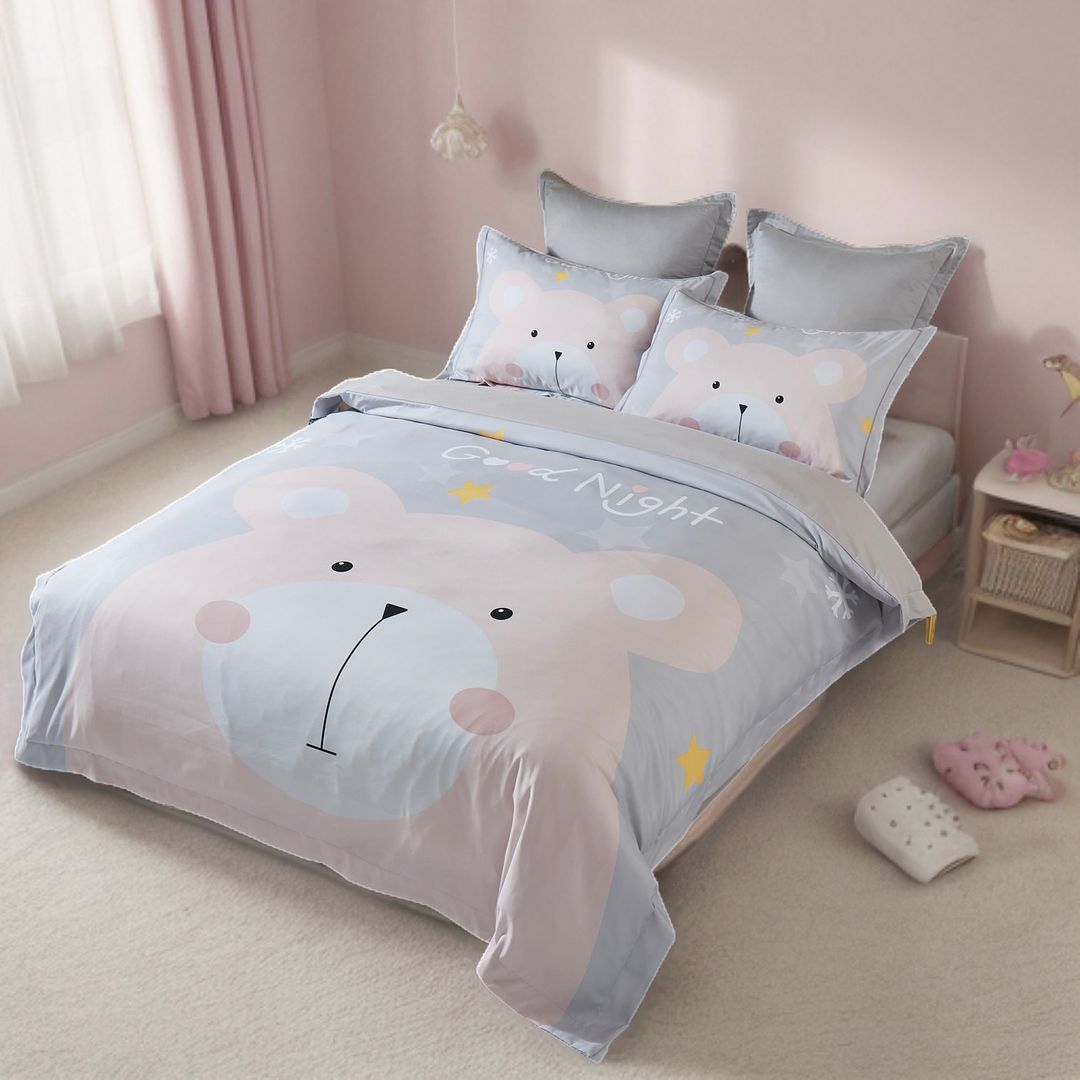 Bear Kids Quilt Cover Set - Double Size with cute bear face design on duvet and matching pillowcases in a cozy bedroom setting