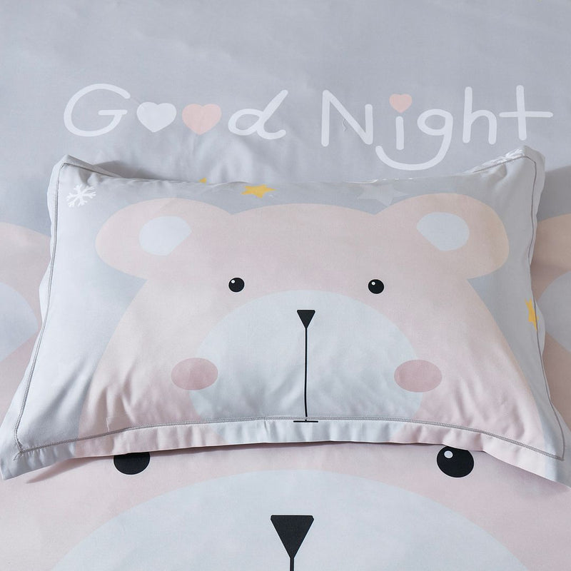 Bear Kids Quilt Cover Set - Double Size with cute bear face pillowcase and "Good Night" text on light bedding