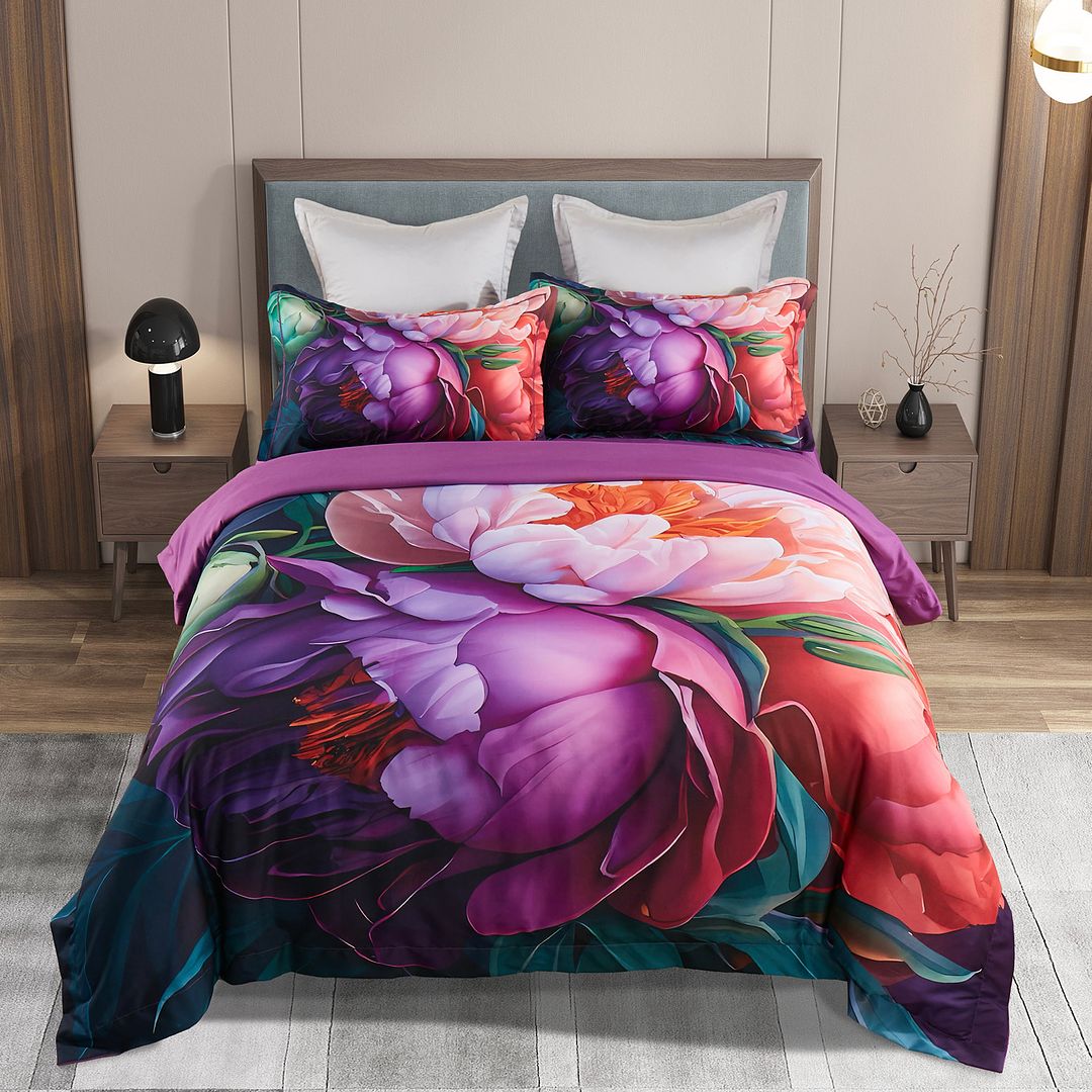 Kaie Floral Quilt Cover Set - King Size with vibrant large floral print on king bed styled with pillows in modern bedroom setting