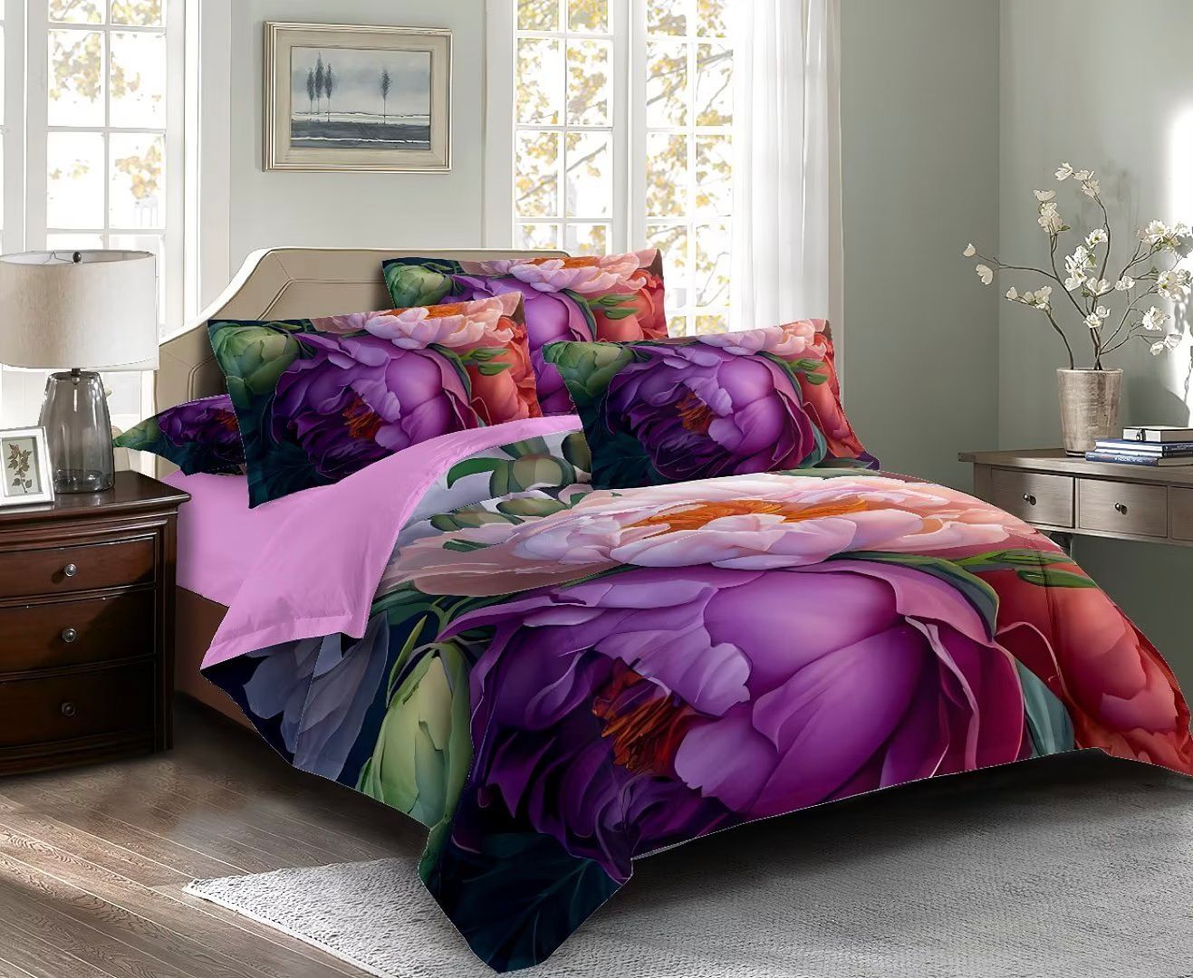 Kaie Floral Quilt Cover Set - King Size with vibrant purple and pink flower design on king bed in cozy bedroom setting
