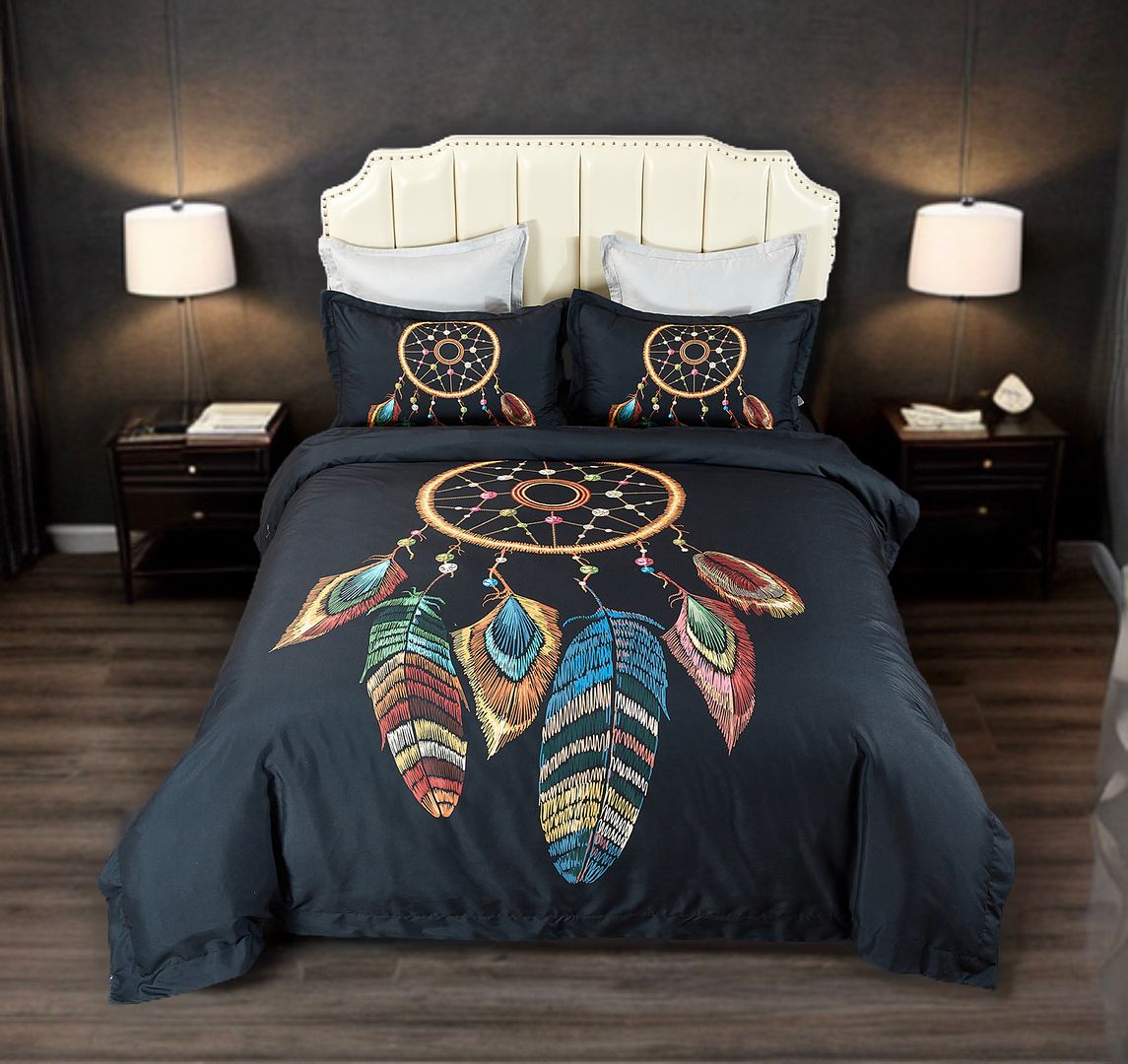 Dream Catcher Quilt Cover Set - King Size featuring colorful feather design on black bedding in a modern bedroom setup