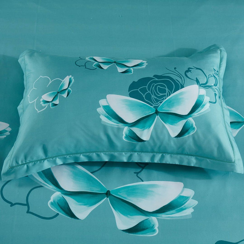 Butterfly Green Quilt Cover Set - King Size featuring teal fabric with 3D butterfly and floral designs on pillow and bedding
