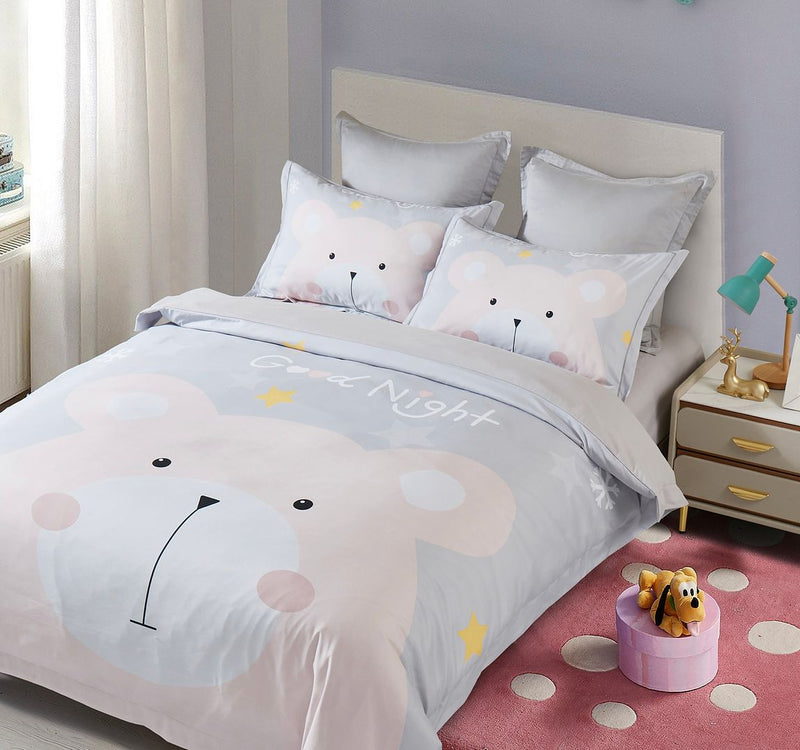 Bear Kids Quilt Cover Set - King Single Size with cute bear print on gray bedding, styled in a child's bedroom with toys and furniture