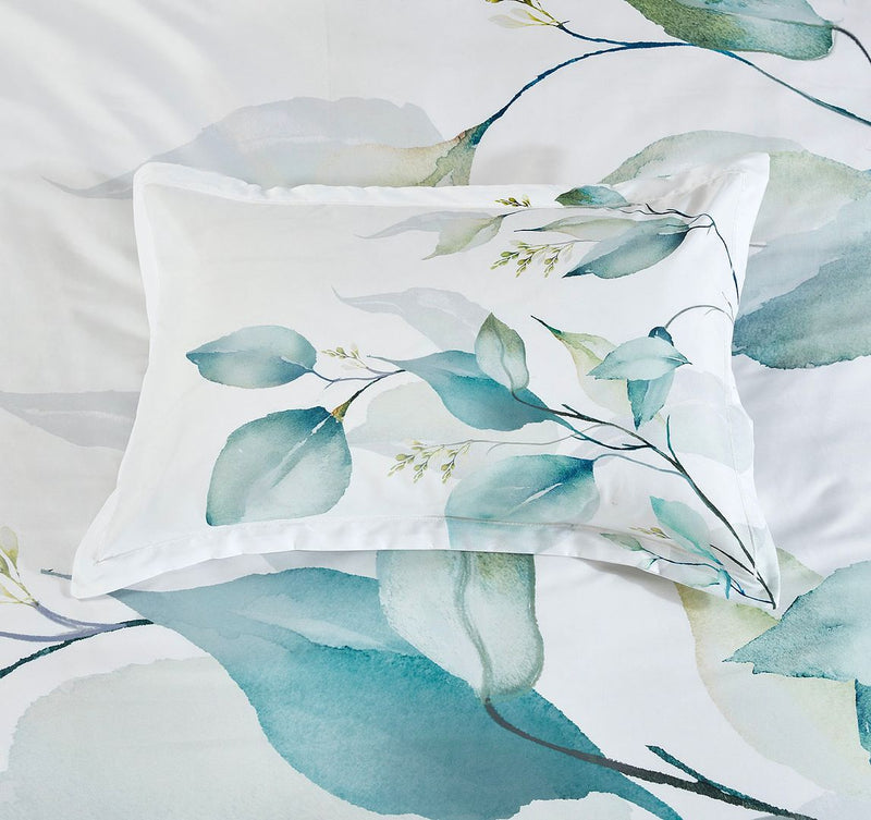 Angelis Leaves Quilt Cover Set - Queen Size with soft watercolor leaf pattern on pillow and quilt cover in bedroom setting