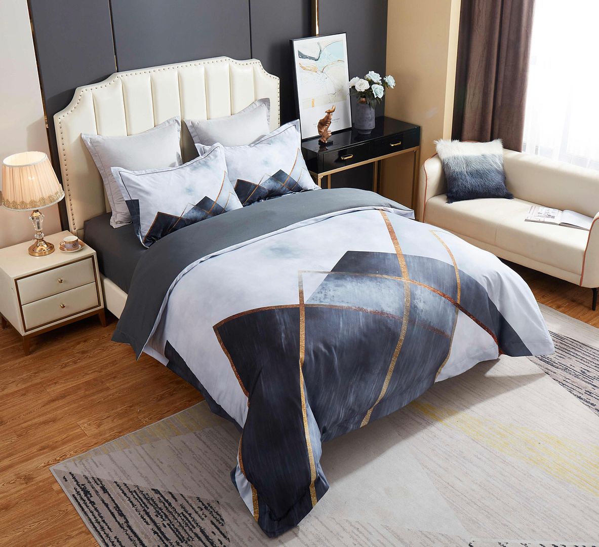 Dakuta Quilt Cover Set - Queen Size with geometric pattern, displayed on upholstered bed with bedside tables in modern bedroom.
