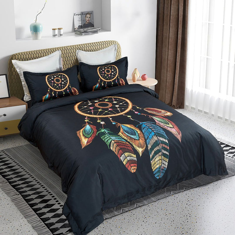 Dream Catcher Quilt Cover Set - Queen Size with colorful feather design on black bedding in a modern bedroom setting